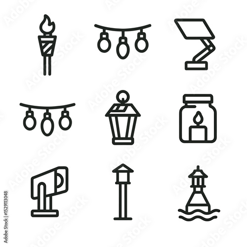 Lighting Fixture Icons. Outline icon set of lighting fixtures: tiki torch, fairy lights, LED lamp, string bulbs, solar lantern,