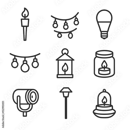 Lighting Fixture Icons. Outline icon set of lighting fixtures: tiki torch, fairy lights, LED lamp, string bulbs, solar lantern,
