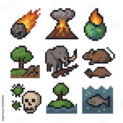 Extinction Causes Icons. Pixel art icon set of extinction causes: asteroid impact, volcanic eruption, climate change, habitat loss
