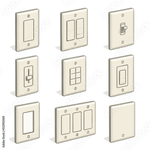 Light Switch Icon Set. Isometric Flat icon set of light switch plate styles: single rocker plate, double rocker plate, toggle
