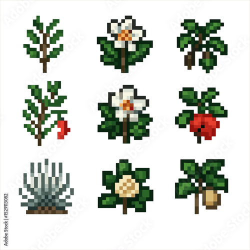Extinct Plants Icon Set. Pixel art icon set of extinct plants: saint helena olive, franklinia alatamaha, mascarene ebony, toromiro