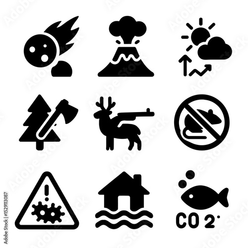 Extinction Causes Icons. Solid, Filled icon set of extinction causes: asteroid impact, volcanic eruption, climate change, habitat