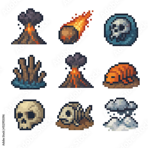 Extinction Events Icon Grid. Pixel art icon set of mass extinction events: permian-triassic, cretaceous-paleogene,
