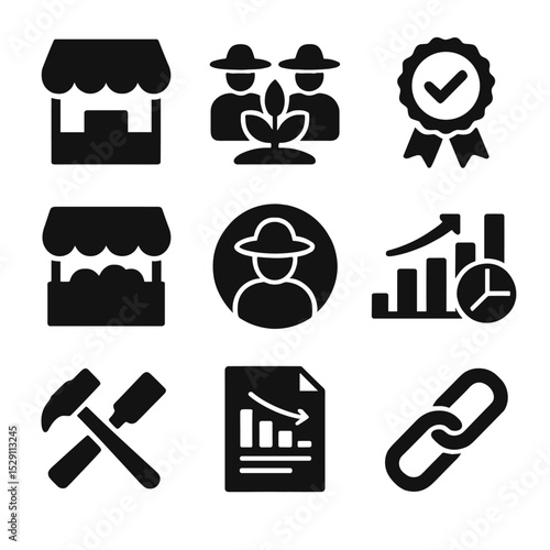 Fair Trade Icons Set. Solid, Filled icon set of fair trade brands: storefront awning, farmers’ cooperative, certification seal,