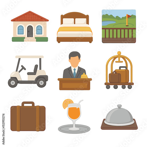 Luxury Golf Resort Icons. Isometric Flat icon set of luxury golf resort stays: villa facade, king-size bed, balcony view, golf