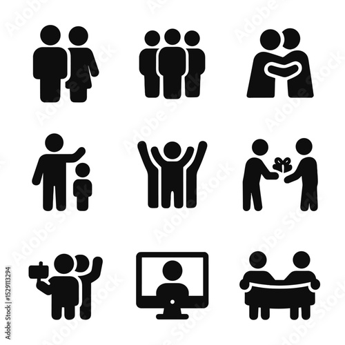 Family and Friends Icons. Solid, Filled icon set of family and friends: parent figures, friend group, hugging embrace, proud