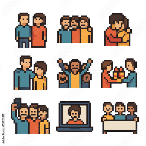 Family Friends Icons. Pixel art icon set of family and friends: parent figures, friend group, hugging embrace, proud parent,