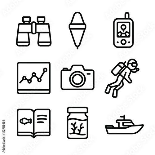 Marine Icons Set. Outline icon set of marine biodiversity monitoring: binoculars, plankton net, GPS tracker, data chart, camera,