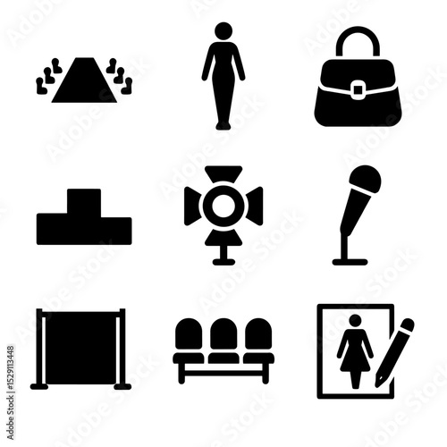 Fashion Icon Grid. Solid, Filled icon set of runway shows: catwalk, model silhouette, podium, fashion bag, spotlight, microphone,