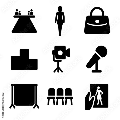 Fashion Icon Grid. Solid, Filled icon set of runway shows: catwalk, model silhouette, podium, fashion bag, spotlight, microphone,