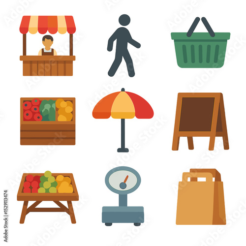 Market Icon Set. Isometric Flat icon set of market wandering: vendor stall, shopper silhouette, market basket, produce crate,