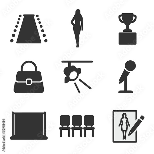 Fashion Show Icons. Flat icon set of runway shows: catwalk, model silhouette, podium, fashion bag, spotlight, microphone, backdrop
