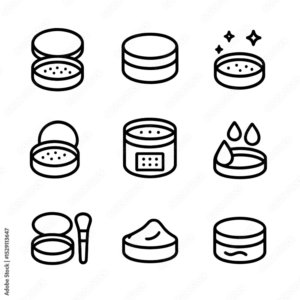 Finishing Powders Icons. Outline icon set of finishing powders: translucent powder, mattifying powder, brightening powder, HD Finishing Powders Icons. Outline icon set of finishing powders: translucent powder, mattifying powder, brightening powder, HD