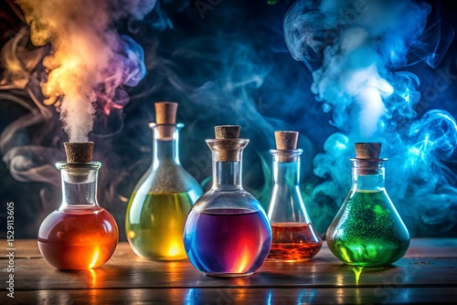 Potion Bottles with Glowing Liquids and Smoky Effects