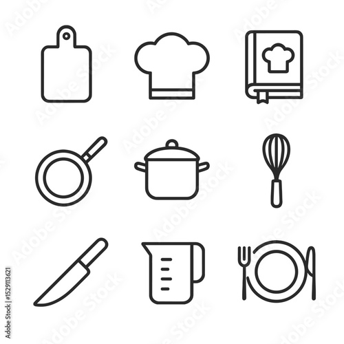 Meal Prep Icons. Outline icon set of meal prep assistance: chopping board, chef hat, recipe book, frying pan, pot, whisk, kitchen