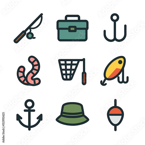 Fishing Icon Set. Flat icon set of fishing sports: fishing rod, tackle box, fish hook, bait worm, fishing net, tackle lure, boat