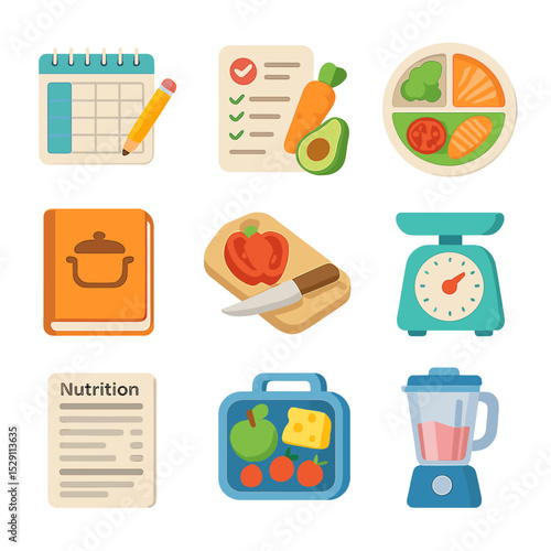Meal Planning Icons. Isometric Flat icon set of meal planning and nutrition: meal planner, grocery list, balanced plate, recipe