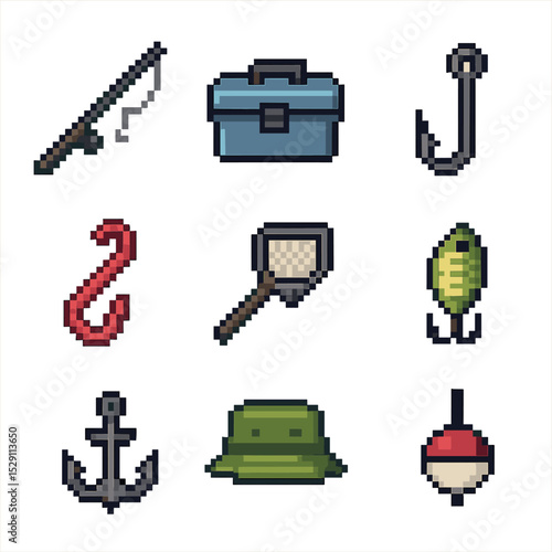 Fishing Gear Icons. Pixel art icon set of fishing sports: fishing rod, tackle box, fish hook, bait worm, fishing net, tackle lure,