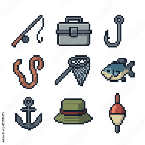 Fishing Gear Icons. Pixel art icon set of fishing sports: fishing rod, tackle box, fish hook, bait worm, fishing net, tackle lure,