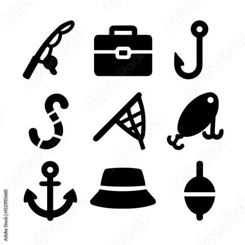 Fishing Icons Grid. Solid, Filled icon set of fishing sports: fishing rod, tackle box, fish hook, bait worm, fishing net, tackle