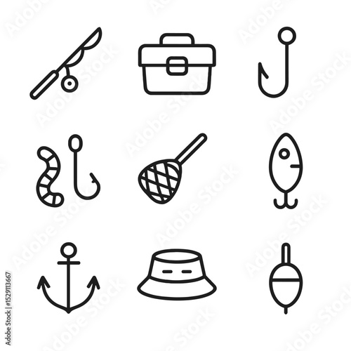 Fishing Icons Grid. Outline icon set of fishing sports: fishing rod, tackle box, fish hook, bait worm, fishing net, tackle lure,