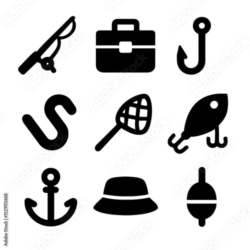 Fishing Icons Grid. Solid, Filled icon set of fishing sports: fishing rod, tackle box, fish hook, bait worm, fishing net, tackle