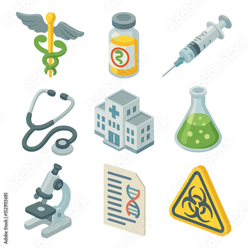 Medical Icon Collection. Isometric Flat icon set of snake in medicine: caduceus emblem, anti-venom vial, medical syringe,