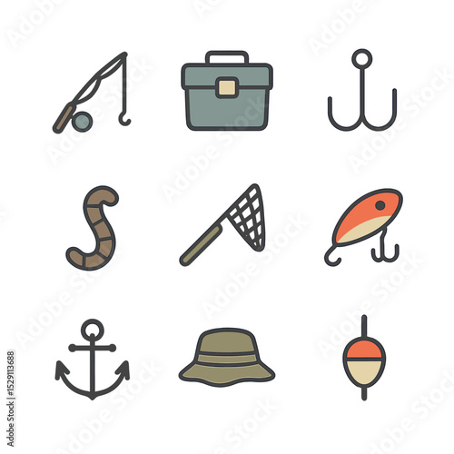Fishing Icon Set. Flat icon set of fishing sports: fishing rod, tackle box, fish hook, bait worm, fishing net, tackle lure, boat