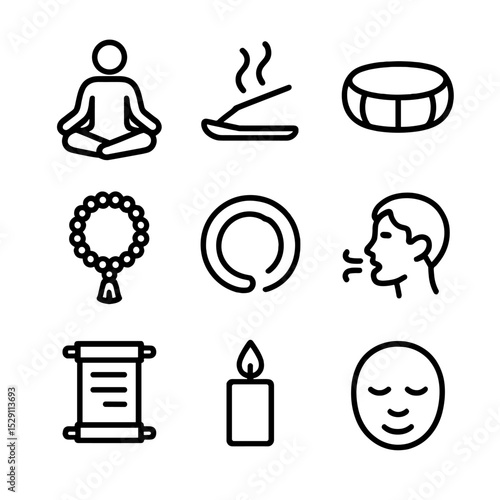 Meditation Icon Set. Outline icon set of meditation moment: lotus position, incense stick, meditation cushion, mantra beads, zen