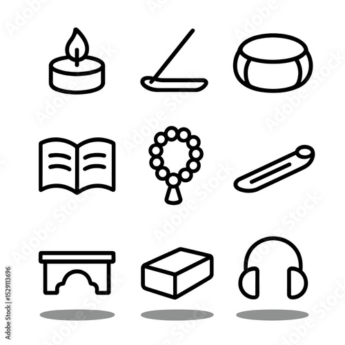 Meditation Icon Set. Outline icon set of meditation corner: tea light, incense stick, meditation cushion, mantra book, prayer