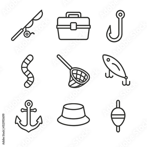 Fishing Icons Grid. Outline icon set of fishing sports: fishing rod, tackle box, fish hook, bait worm, fishing net, tackle lure,