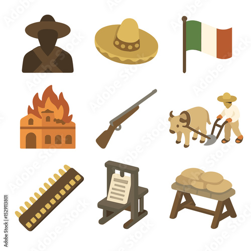 Mexican Revolution Icons. Isometric Flat icon set of Mexican Revolution: Pancho Villa silhouette, Zapatista sombrero hat, Mexican