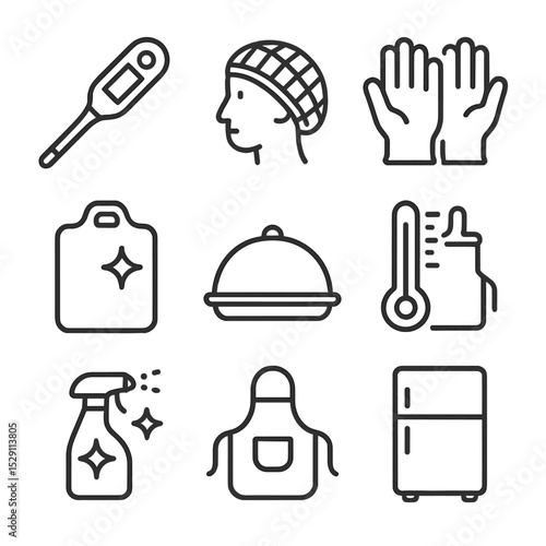 Food Safety Icons. Outline icon set of food safety hygiene: food thermometer, hairnet, gloves, clean cutting board, covered food