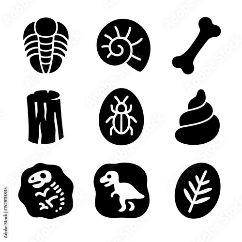 Fossil Evidence Icons. Solid, Filled icon set of fossil evidence types: trilobite, ammonite, dinosaur bone, petrified wood, amber