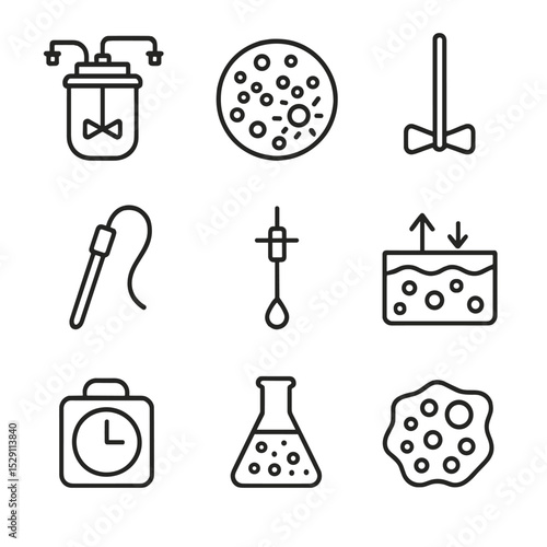 Microbial Bioreactor Icons. Outline icon set of engineered microbial bioreactors: bioreactor vessel, microbial colony, stirring