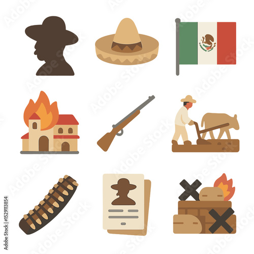Mexican Revolution Icons. Isometric Flat icon set of Mexican Revolution: Pancho Villa silhouette, Zapatista sombrero hat, Mexican