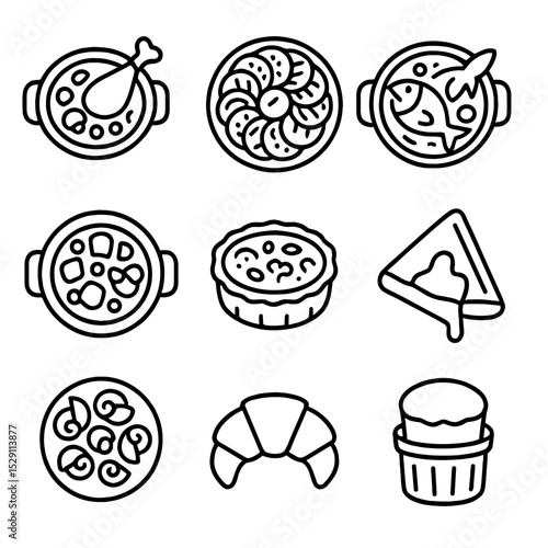 French Cuisine Icons. Outline icon set of French cuisine classics: coq au vin, ratatouille, bouillabaisse, beef bourguignon,