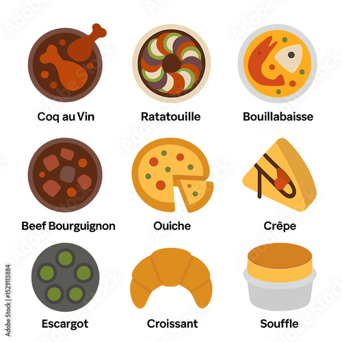 French Cuisine Icons. Flat icon set of French cuisine classics: coq au vin, ratatouille, bouillabaisse, beef bourguignon, quiche,