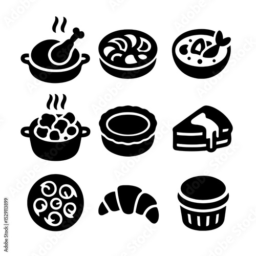 French Cuisine Icons. Solid, Filled icon set of French cuisine classics: coq au vin, ratatouille, bouillabaisse, beef bourguignon,