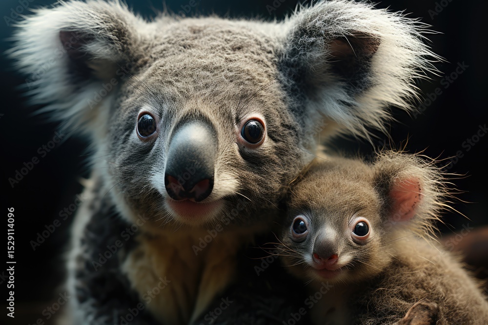 Obraz premium An adorable koala and its baby pose sweetly together, conveying a sense of family bonding, cuteness, and the joy of wildlife in their natural habitat, engaging viewers emotionally.