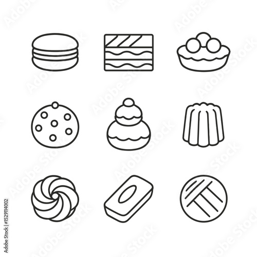 French Pastry Icons. Outline icon set of French pastries: macaron, mille-feuille, tartelette, chouquette, religieuse, canelé,