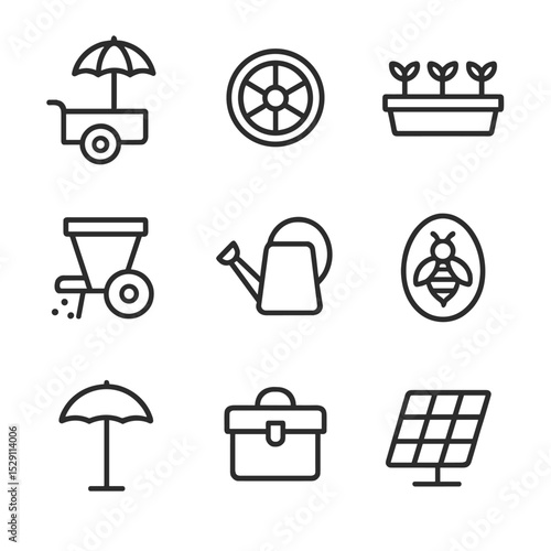 Mobile Pollinator Cart Icons. Outline icon set of mobile pollinator carts: pollinator cart, wheel hub, planter tray, seed drill,
