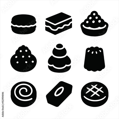 French Pastry Icons. Solid, Filled icon set of French pastries: macaron, mille-feuille, tartelette, chouquette, religieuse, canelé