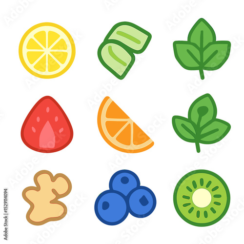 Fruit Infusion Icons. Flat icon set of water infusion flavors: lemon slice, cucumber ribbon, mint leaf, strawberry slice, orange