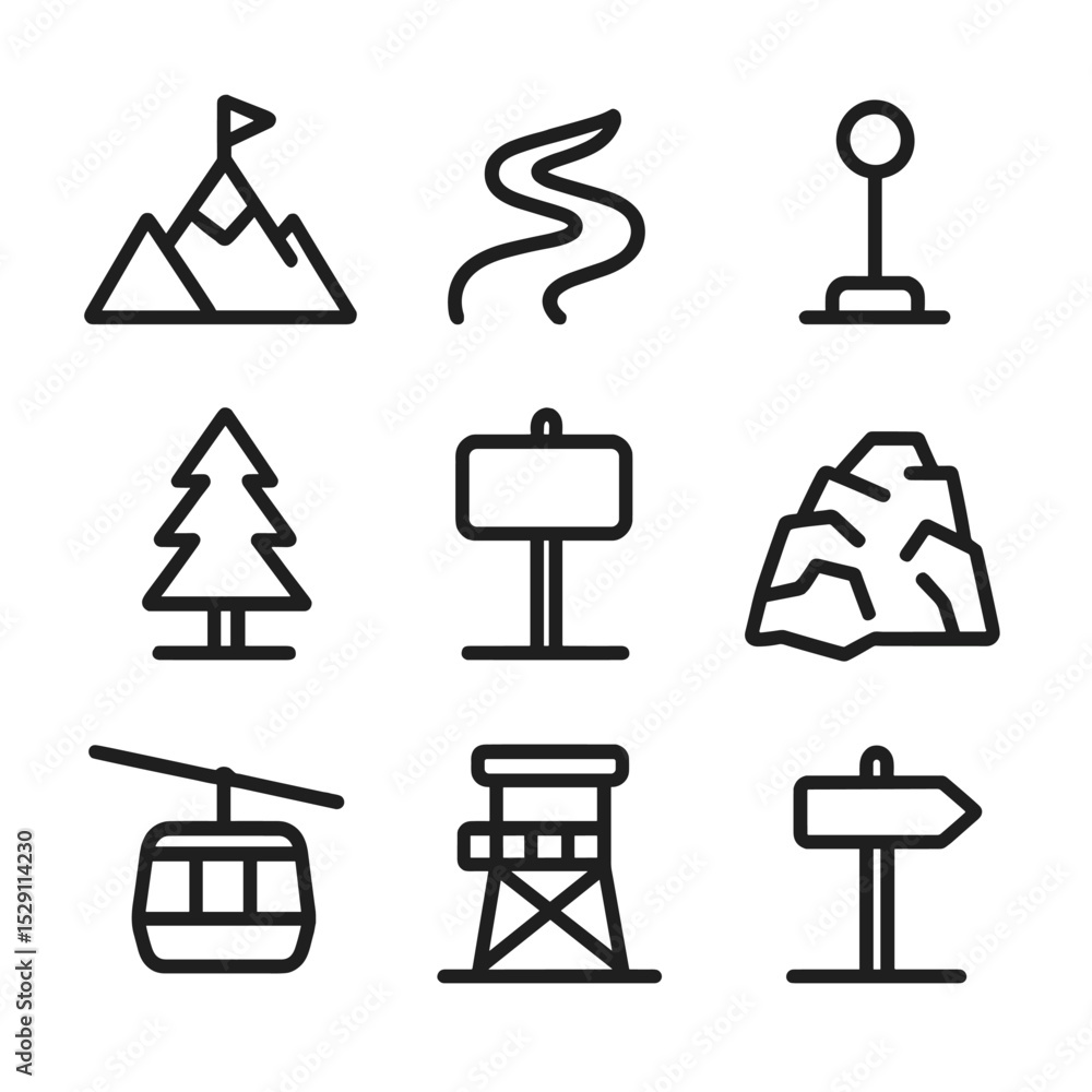 Fototapeta premium Mountain Cycling Icons. Outline icon set of mountain pass cycling adventures: mountain peak, switchback road, summit marker, pine