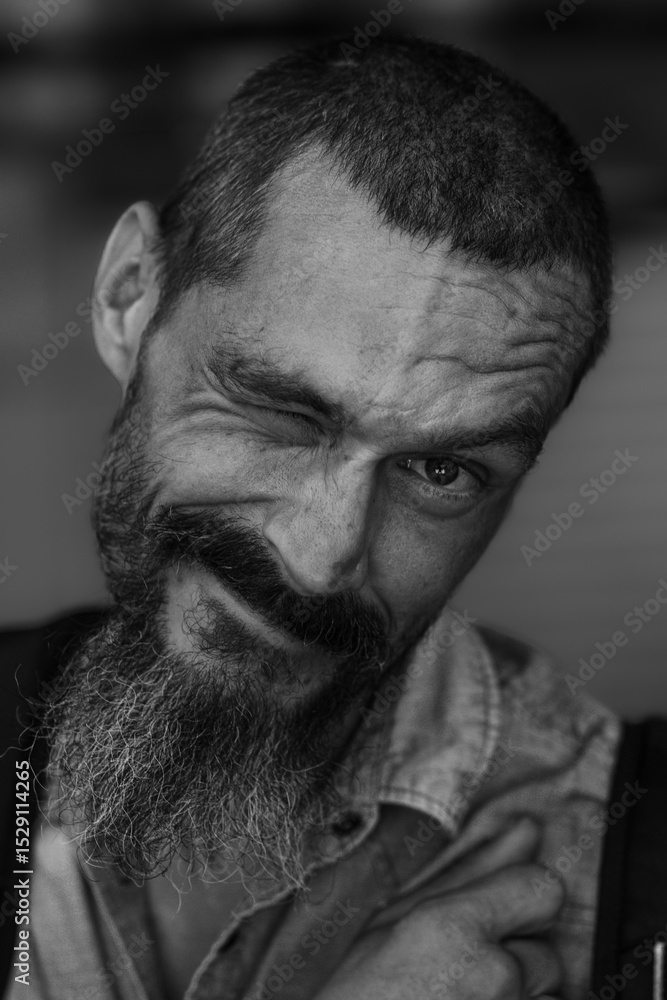 Black and white portrait of a handsome and optimistic nomad, bearded and smoking Black and white portrait of a handsome and optimistic nomad, bearded and smoking