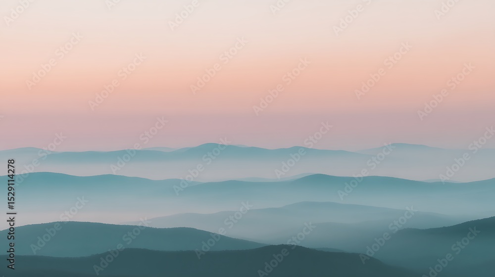 Fototapeta premium Mountains silhouette in soft misty sunrise light