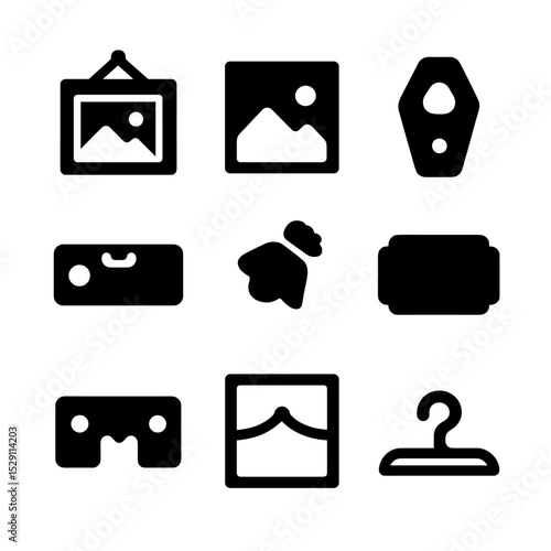 Gallery Display Icons. Solid, Filled icon set of gallery wall display: picture frame, canvas, photo print, frame hook, level tool,