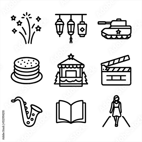 Moscow Festival Icons. Outline icon set of Moscow festivals and events: City Day fireworks, White Nights lamps, Victory Day parade
