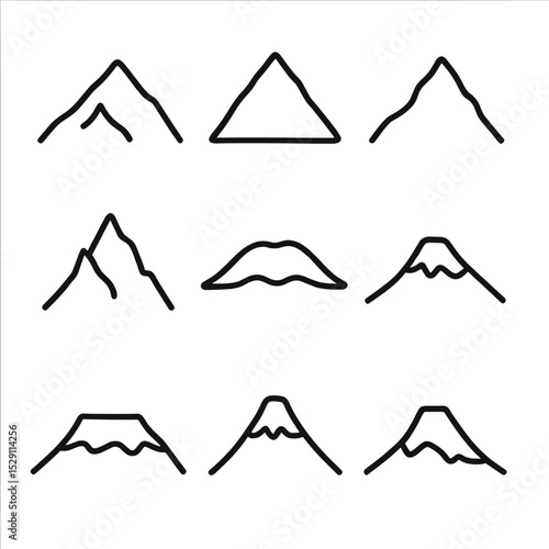Mountain Silhouette Icons. Outline icon set of mountain peaks silhouettes: Everest silhouette, K2 outline, Matterhorn shape,